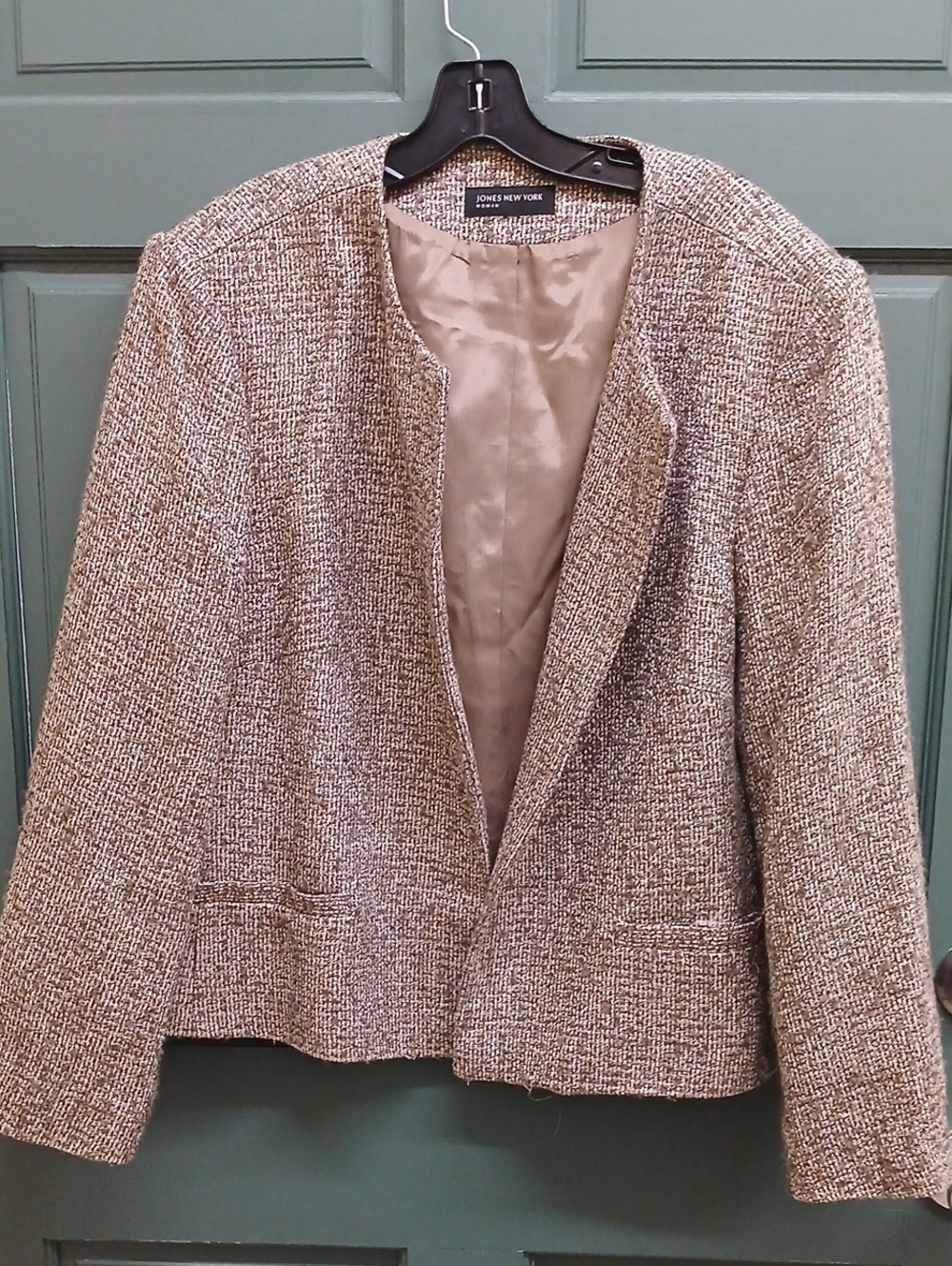 Jones New York Taupe Tweed Collarless Open Blazer Size 18